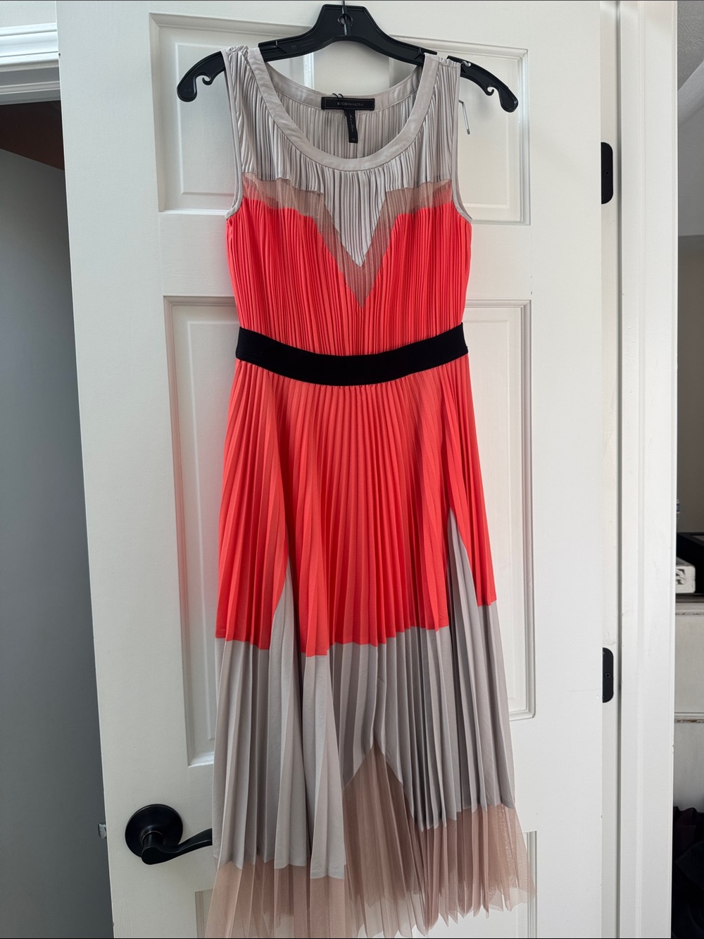 BCBGMaxAzria Pleated Colorblock Midi Dress in Coral, Taupe and Black